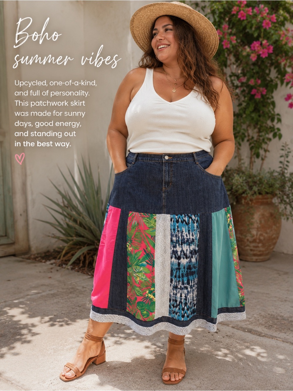 186.) UPCYCLED / Boho Patchwork Denim Midi Skirt - plus size